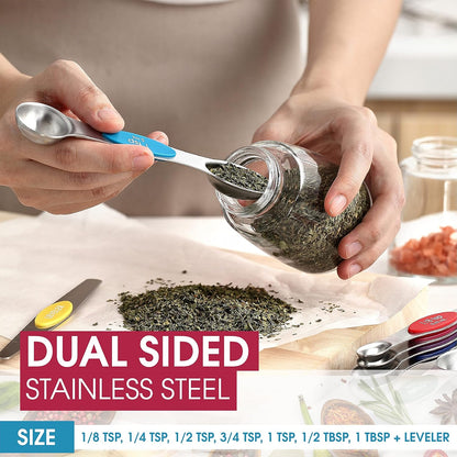 Stainless Steel Magnetic Measuring Spoons Set of 8, Black | Dual Sided Metal Teaspoon & Tablespoon Measuring Spoons with Leveler for Dry & Liquid Ingredients, Nesting, Dishwasher Safe