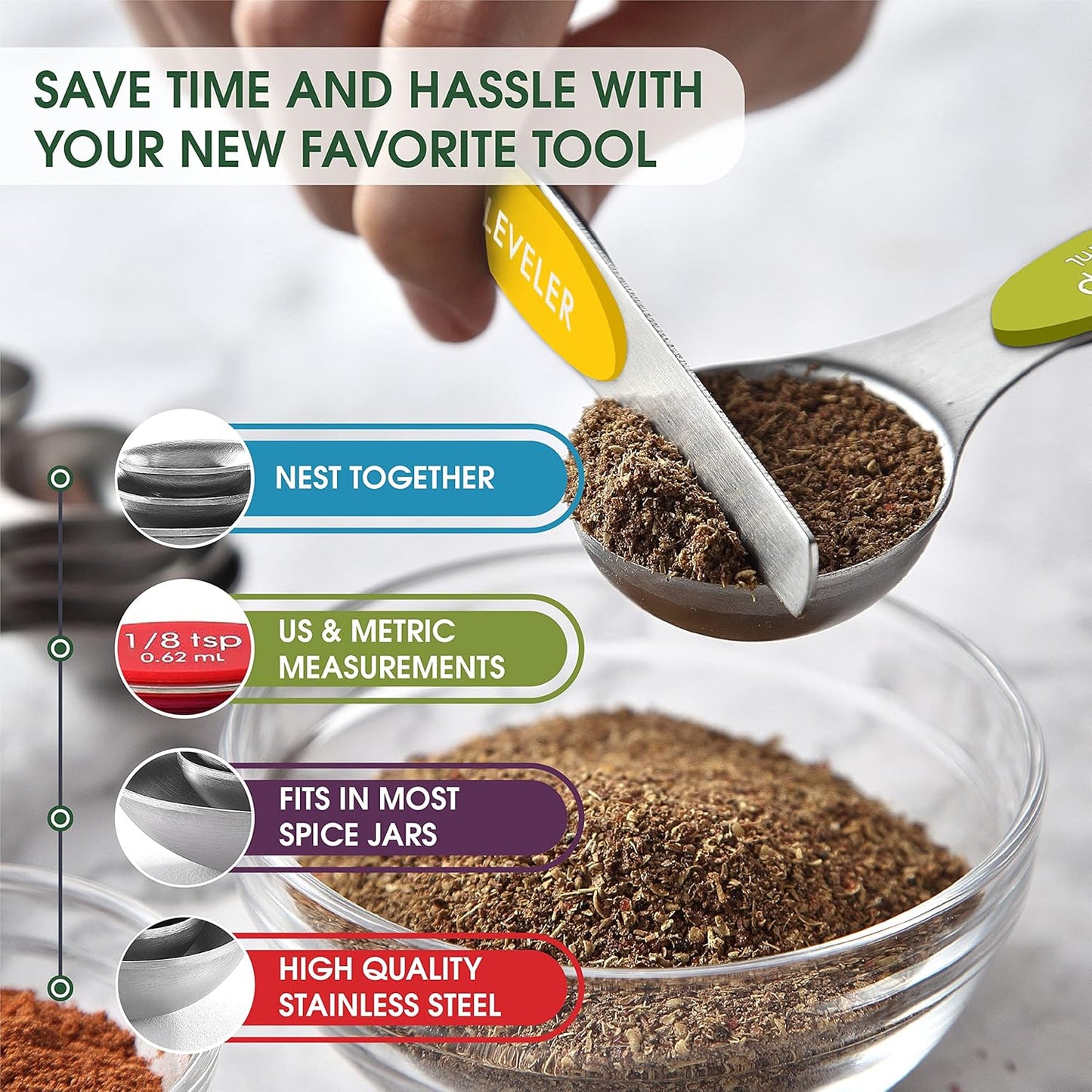 Stainless Steel Magnetic Measuring Spoons Set of 8, Black | Dual Sided Metal Teaspoon & Tablespoon Measuring Spoons with Leveler for Dry & Liquid Ingredients, Nesting, Dishwasher Safe