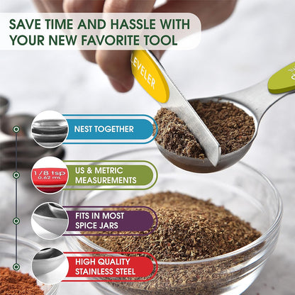 Stainless Steel Magnetic Measuring Spoons Set of 8, Black | Dual Sided Metal Teaspoon & Tablespoon Measuring Spoons with Leveler for Dry & Liquid Ingredients, Nesting, Dishwasher Safe