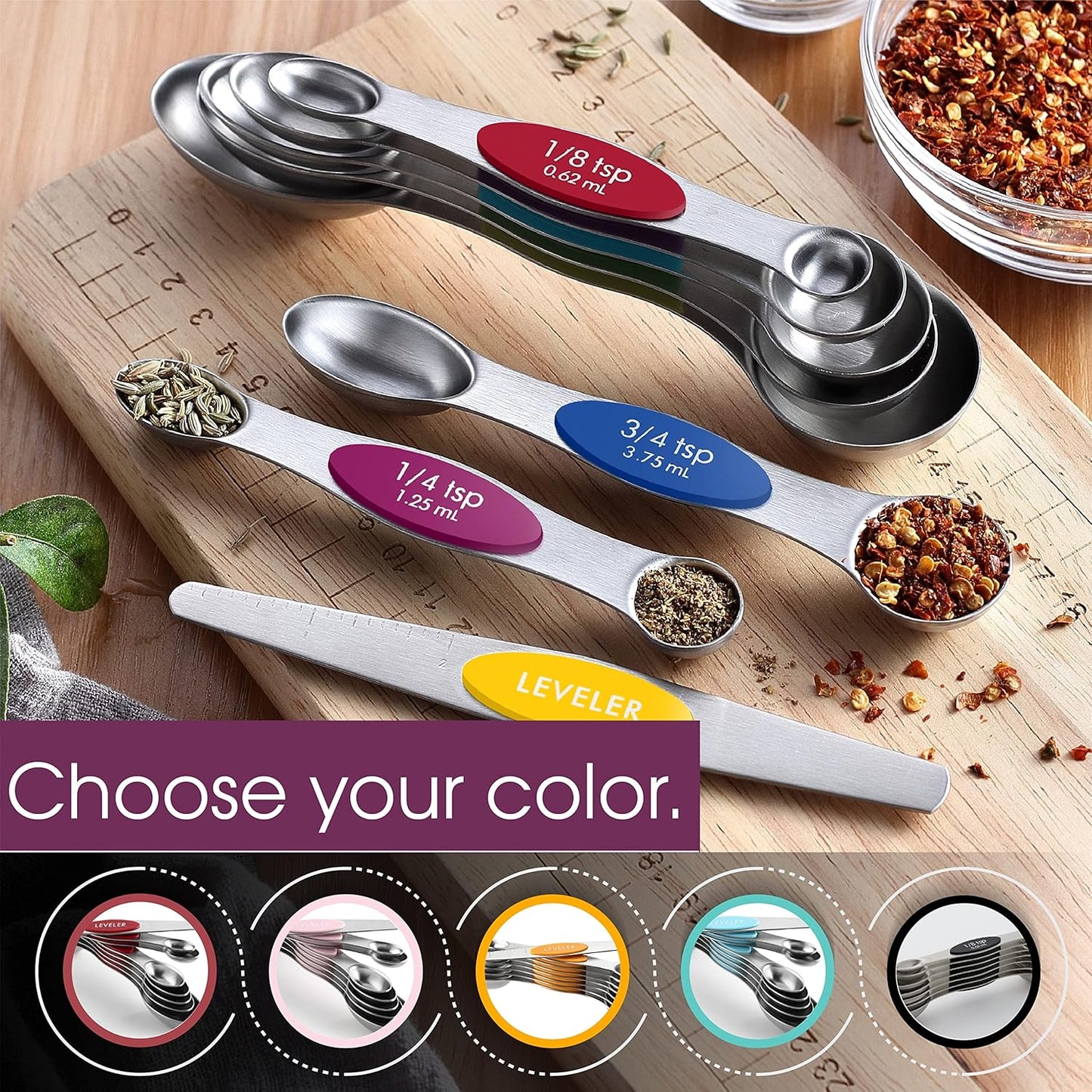 Stainless Steel Magnetic Measuring Spoons Set of 8, Black | Dual Sided Metal Teaspoon & Tablespoon Measuring Spoons with Leveler for Dry & Liquid Ingredients, Nesting, Dishwasher Safe