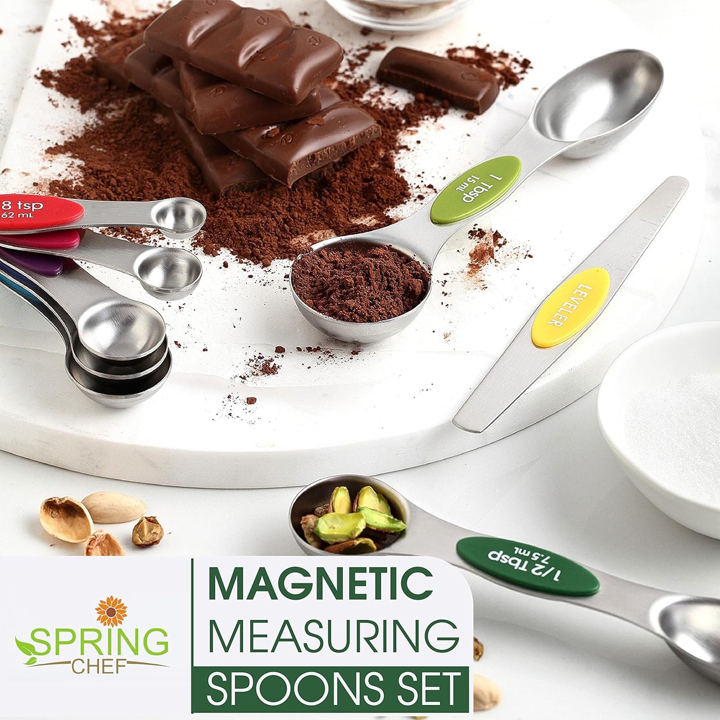 Stainless Steel Magnetic Measuring Spoons Set of 8, Black | Dual Sided Metal Teaspoon & Tablespoon Measuring Spoons with Leveler for Dry & Liquid Ingredients, Nesting, Dishwasher Safe