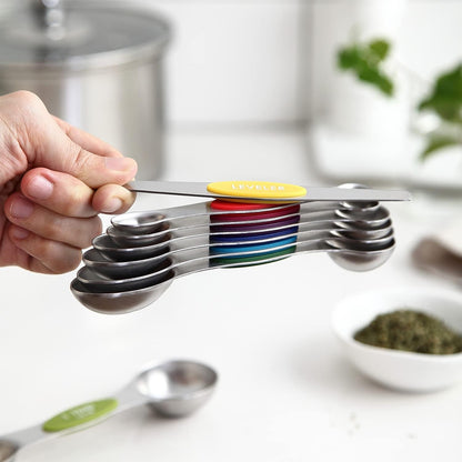 Stainless Steel Magnetic Measuring Spoons Set of 8, Black | Dual Sided Metal Teaspoon & Tablespoon Measuring Spoons with Leveler for Dry & Liquid Ingredients, Nesting, Dishwasher Safe