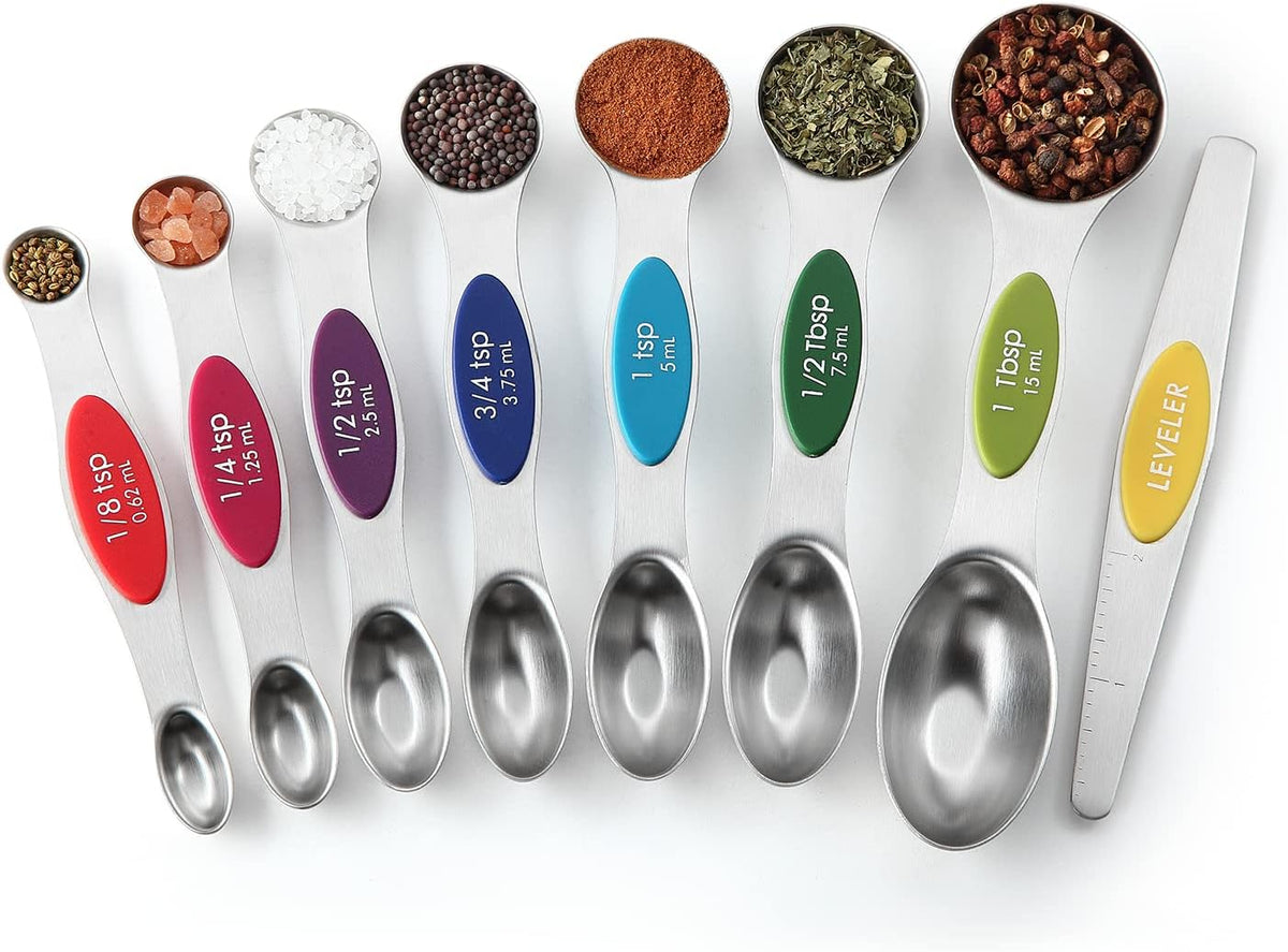 Stainless Steel Magnetic Measuring Spoons Set of 8, Black | Dual Sided Metal Teaspoon & Tablespoon Measuring Spoons with Leveler for Dry & Liquid Ingredients, Nesting, Dishwasher Safe
