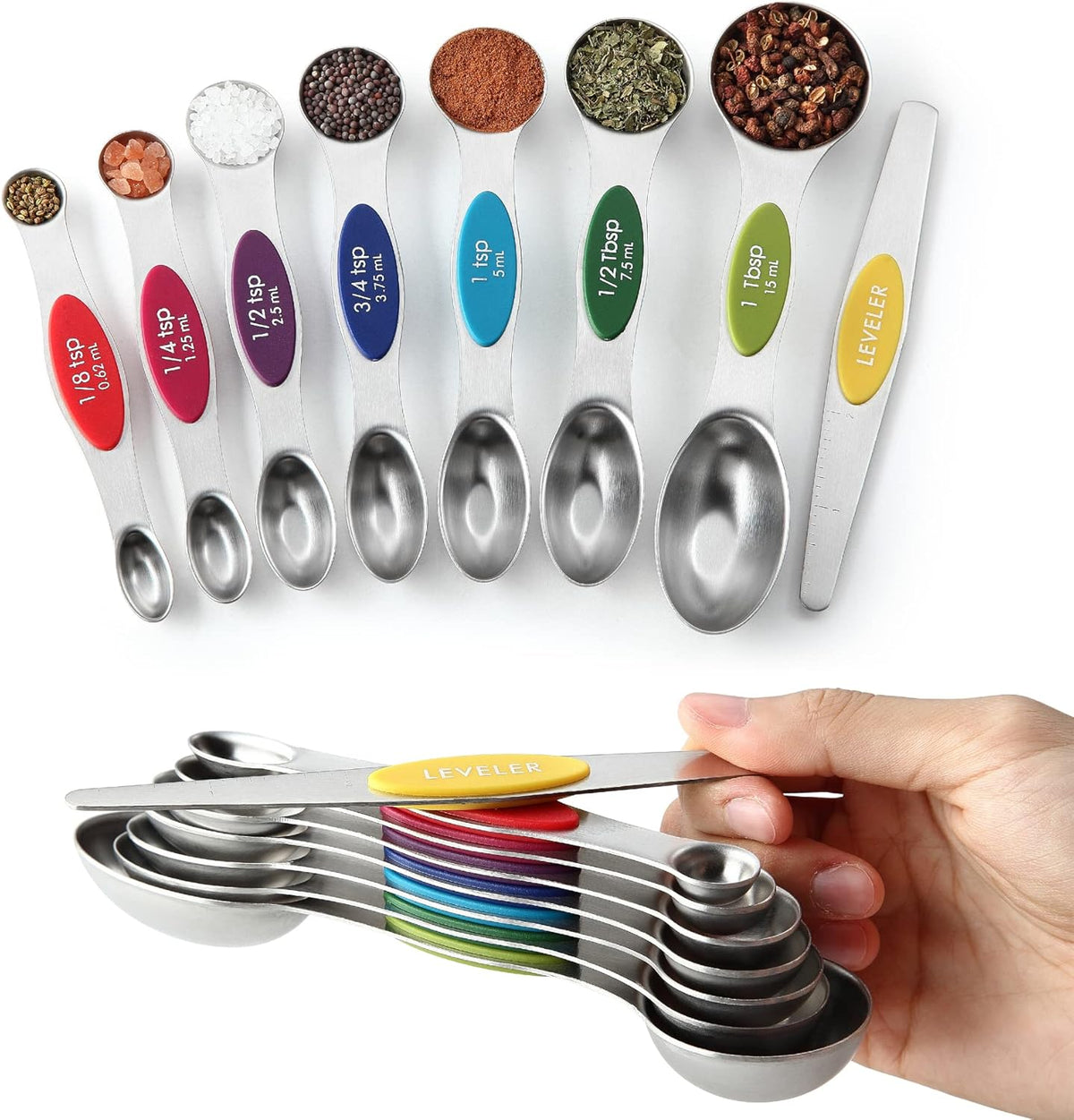 Stainless Steel Magnetic Measuring Spoons Set of 8, Black | Dual Sided Metal Teaspoon & Tablespoon Measuring Spoons with Leveler for Dry & Liquid Ingredients, Nesting, Dishwasher Safe