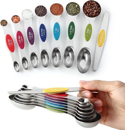 Stainless Steel Magnetic Measuring Spoons Set of 8, Black | Dual Sided Metal Teaspoon & Tablespoon Measuring Spoons with Leveler for Dry & Liquid Ingredients, Nesting, Dishwasher Safe