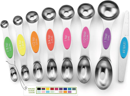Stainless Steel Magnetic Measuring Spoons Set of 8, Black | Dual Sided Metal Teaspoon & Tablespoon Measuring Spoons with Leveler for Dry & Liquid Ingredients, Nesting, Dishwasher Safe