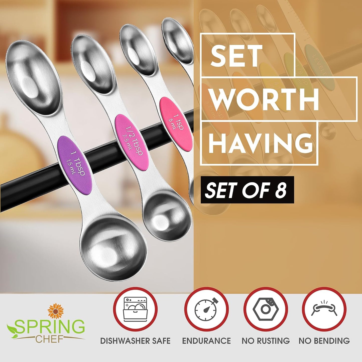 Stainless Steel Magnetic Measuring Spoons Set of 8, Black | Dual Sided Metal Teaspoon & Tablespoon Measuring Spoons with Leveler for Dry & Liquid Ingredients, Nesting, Dishwasher Safe