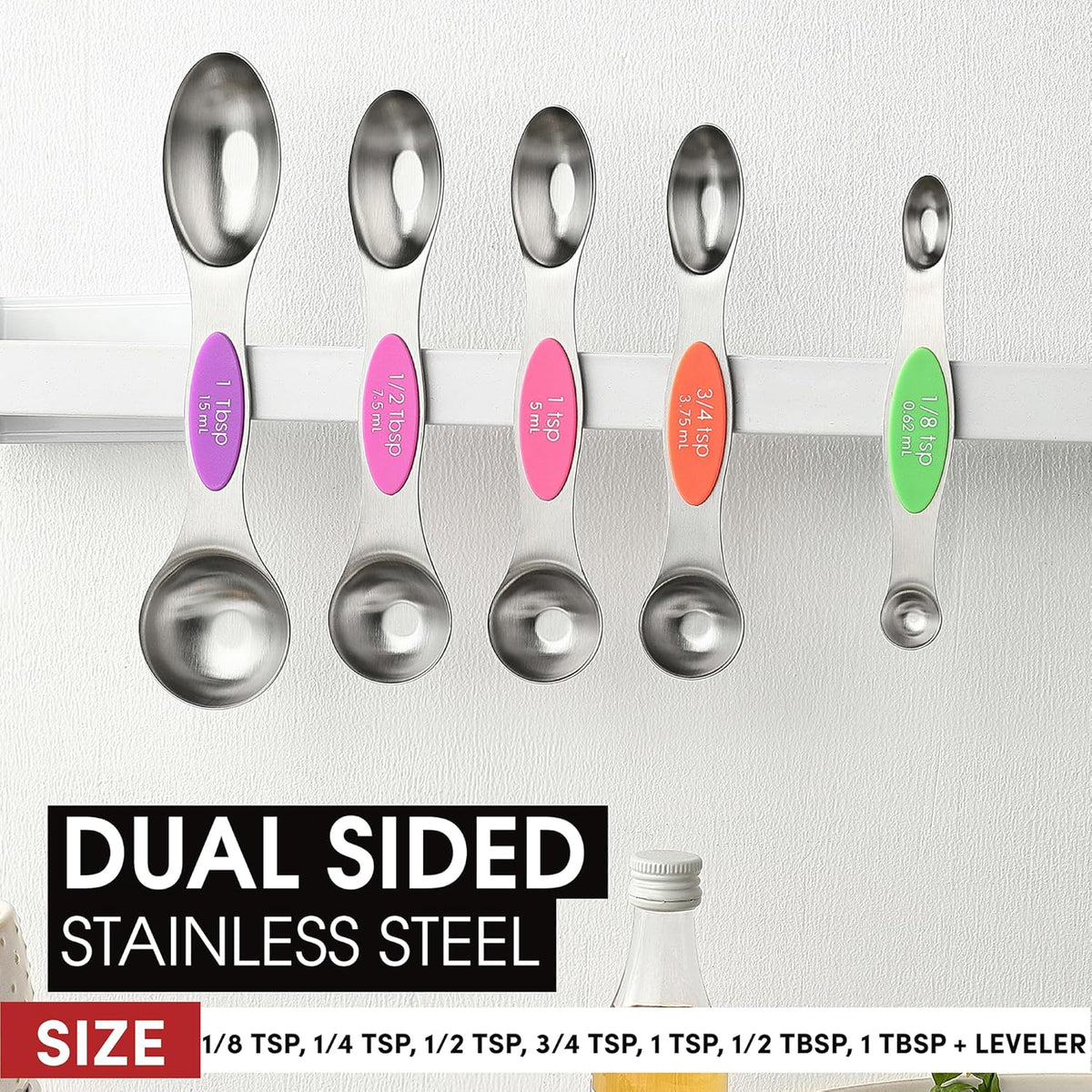 Stainless Steel Magnetic Measuring Spoons Set of 8, Black | Dual Sided Metal Teaspoon & Tablespoon Measuring Spoons with Leveler for Dry & Liquid Ingredients, Nesting, Dishwasher Safe