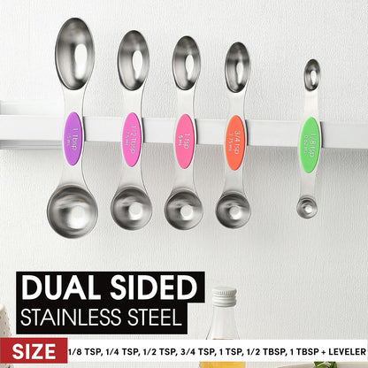 Stainless Steel Magnetic Measuring Spoons Set of 8, Black | Dual Sided Metal Teaspoon & Tablespoon Measuring Spoons with Leveler for Dry & Liquid Ingredients, Nesting, Dishwasher Safe