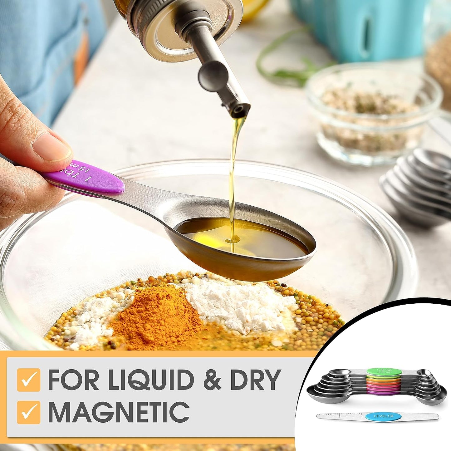 Stainless Steel Magnetic Measuring Spoons Set of 8, Black | Dual Sided Metal Teaspoon & Tablespoon Measuring Spoons with Leveler for Dry & Liquid Ingredients, Nesting, Dishwasher Safe