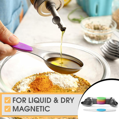 Stainless Steel Magnetic Measuring Spoons Set of 8, Black | Dual Sided Metal Teaspoon & Tablespoon Measuring Spoons with Leveler for Dry & Liquid Ingredients, Nesting, Dishwasher Safe