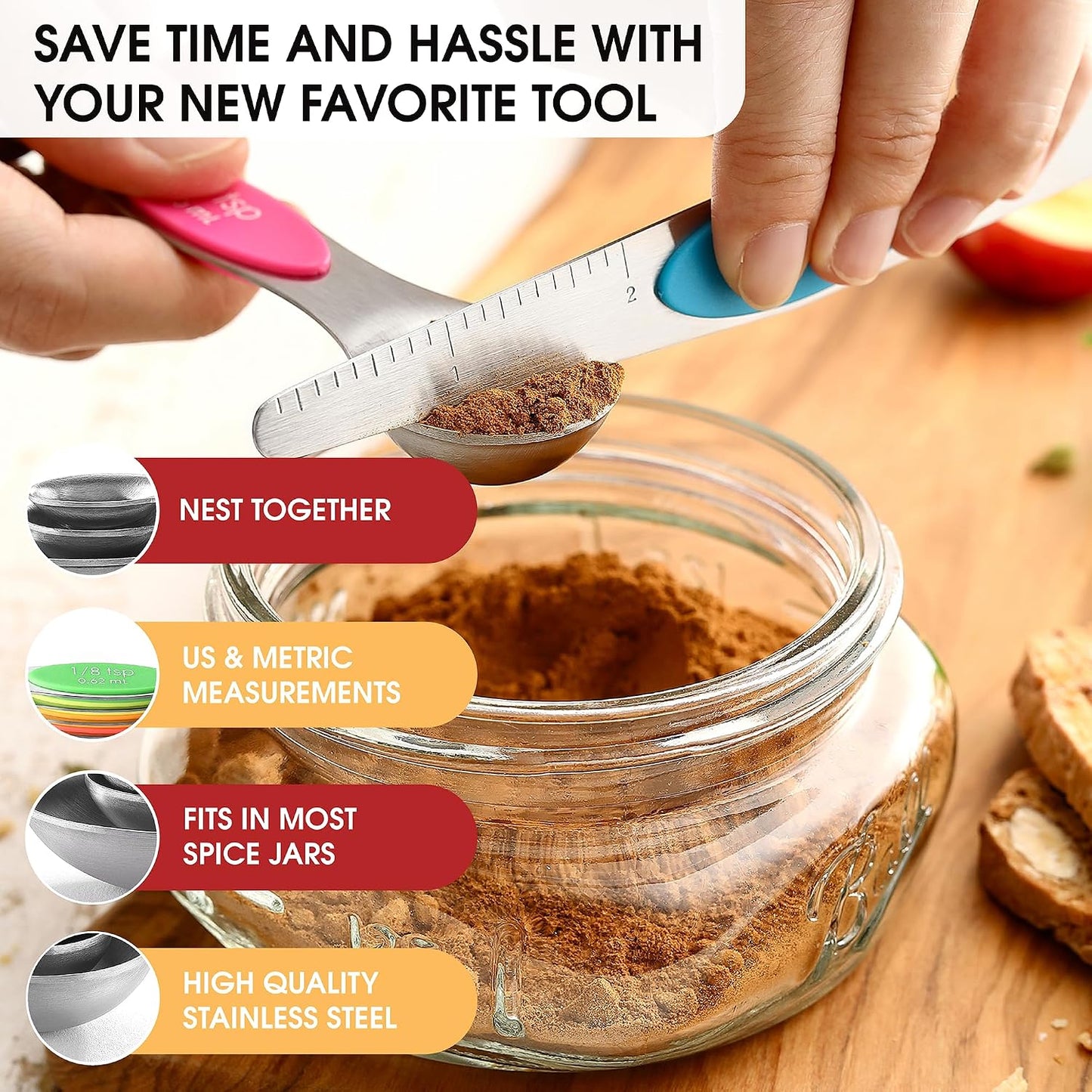 Stainless Steel Magnetic Measuring Spoons Set of 8, Black | Dual Sided Metal Teaspoon & Tablespoon Measuring Spoons with Leveler for Dry & Liquid Ingredients, Nesting, Dishwasher Safe