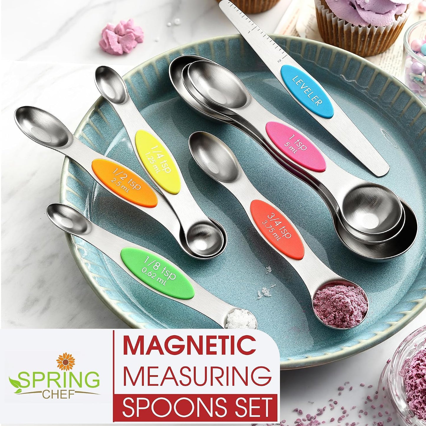 Stainless Steel Magnetic Measuring Spoons Set of 8, Black | Dual Sided Metal Teaspoon & Tablespoon Measuring Spoons with Leveler for Dry & Liquid Ingredients, Nesting, Dishwasher Safe