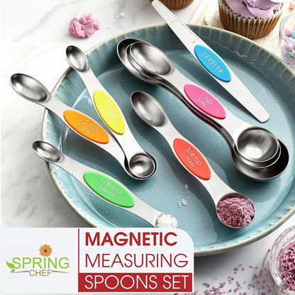 Stainless Steel Magnetic Measuring Spoons Set of 8, Black | Dual Sided Metal Teaspoon & Tablespoon Measuring Spoons with Leveler for Dry & Liquid Ingredients, Nesting, Dishwasher Safe