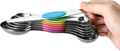 Stainless Steel Magnetic Measuring Spoons Set of 8, Black | Dual Sided Metal Teaspoon & Tablespoon Measuring Spoons with Leveler for Dry & Liquid Ingredients, Nesting, Dishwasher Safe