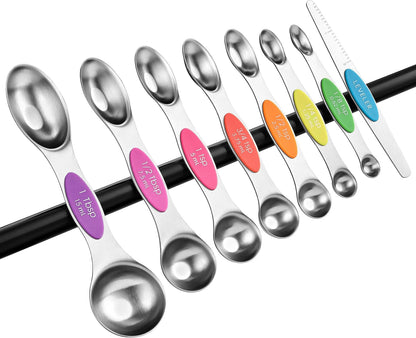 Stainless Steel Magnetic Measuring Spoons Set of 8, Black | Dual Sided Metal Teaspoon & Tablespoon Measuring Spoons with Leveler for Dry & Liquid Ingredients, Nesting, Dishwasher Safe