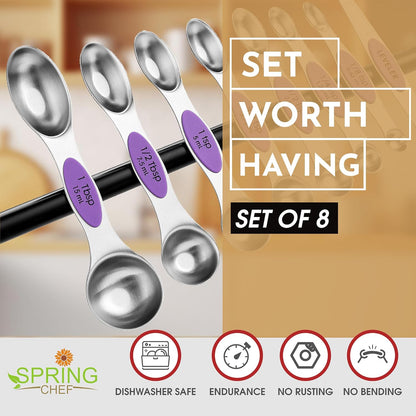 Stainless Steel Magnetic Measuring Spoons Set of 8, Black | Dual Sided Metal Teaspoon & Tablespoon Measuring Spoons with Leveler for Dry & Liquid Ingredients, Nesting, Dishwasher Safe