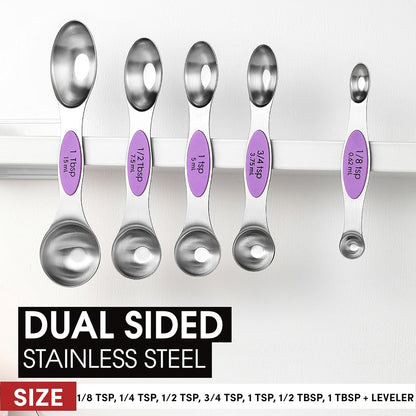 Stainless Steel Magnetic Measuring Spoons Set of 8, Black | Dual Sided Metal Teaspoon & Tablespoon Measuring Spoons with Leveler for Dry & Liquid Ingredients, Nesting, Dishwasher Safe