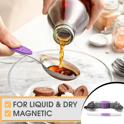 Stainless Steel Magnetic Measuring Spoons Set of 8, Black | Dual Sided Metal Teaspoon & Tablespoon Measuring Spoons with Leveler for Dry & Liquid Ingredients, Nesting, Dishwasher Safe