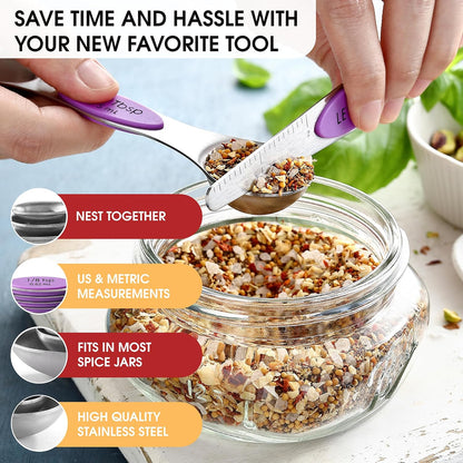 Stainless Steel Magnetic Measuring Spoons Set of 8, Black | Dual Sided Metal Teaspoon & Tablespoon Measuring Spoons with Leveler for Dry & Liquid Ingredients, Nesting, Dishwasher Safe