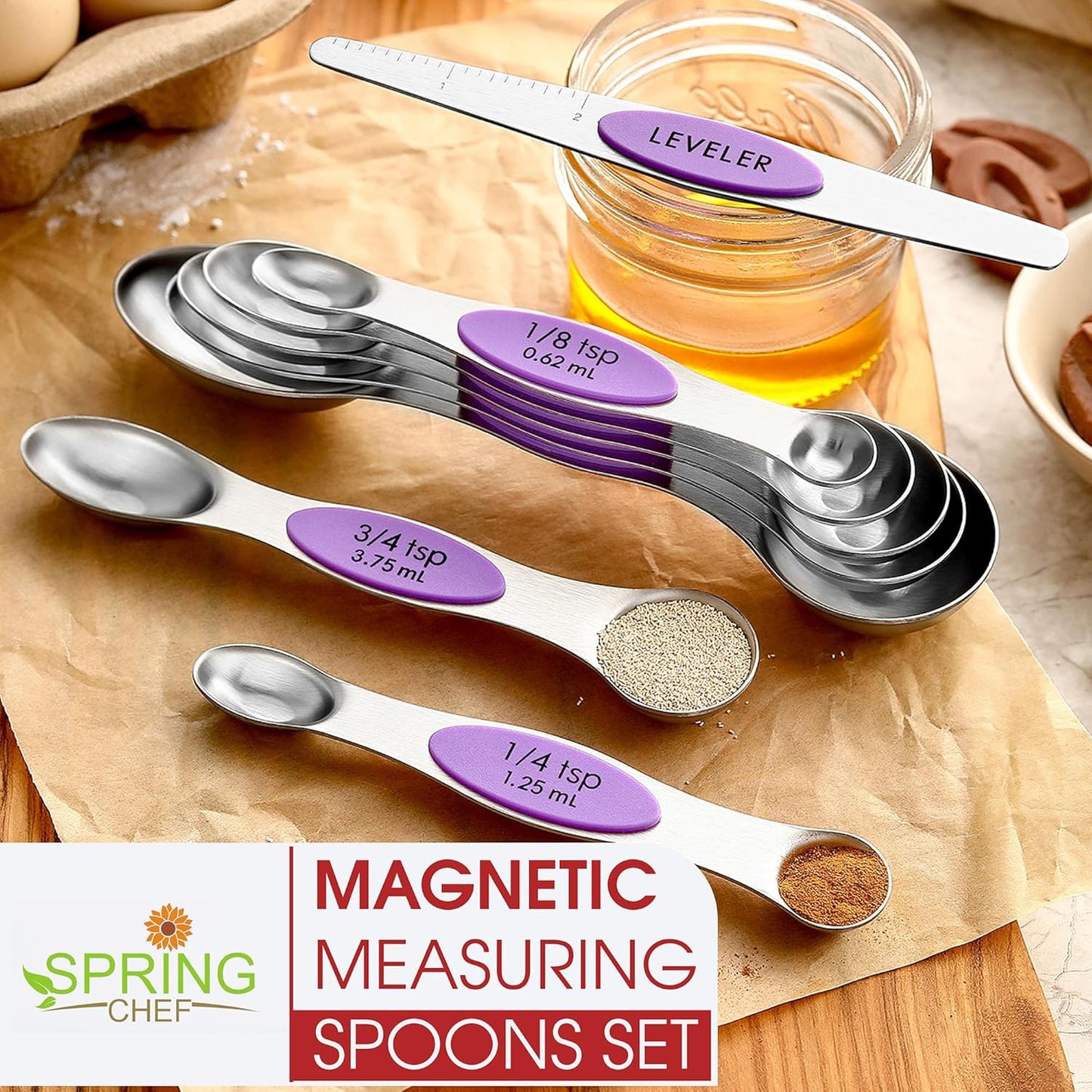 Stainless Steel Magnetic Measuring Spoons Set of 8, Black | Dual Sided Metal Teaspoon & Tablespoon Measuring Spoons with Leveler for Dry & Liquid Ingredients, Nesting, Dishwasher Safe