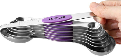 Stainless Steel Magnetic Measuring Spoons Set of 8, Black | Dual Sided Metal Teaspoon & Tablespoon Measuring Spoons with Leveler for Dry & Liquid Ingredients, Nesting, Dishwasher Safe