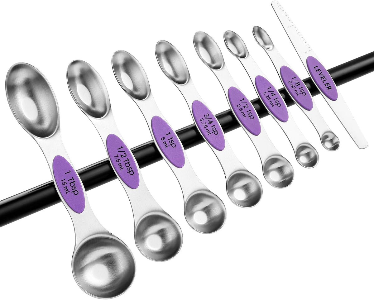 Stainless Steel Magnetic Measuring Spoons Set of 8, Black | Dual Sided Metal Teaspoon & Tablespoon Measuring Spoons with Leveler for Dry & Liquid Ingredients, Nesting, Dishwasher Safe
