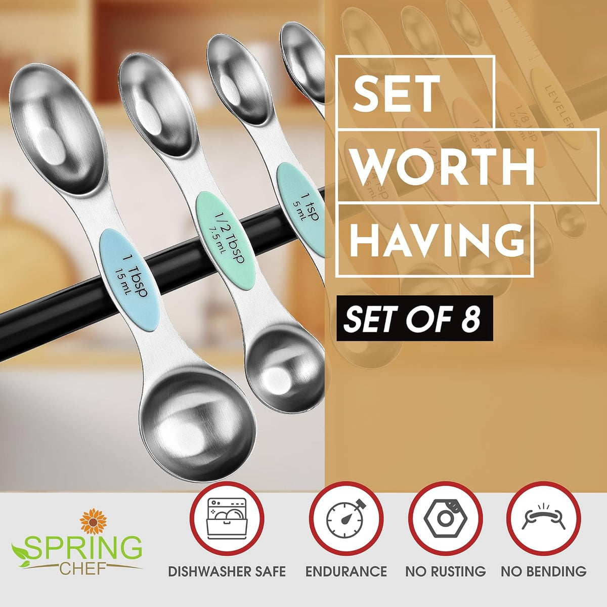 Stainless Steel Magnetic Measuring Spoons Set of 8, Black | Dual Sided Metal Teaspoon & Tablespoon Measuring Spoons with Leveler for Dry & Liquid Ingredients, Nesting, Dishwasher Safe