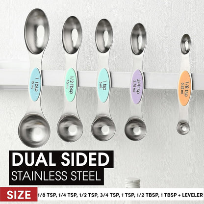 Stainless Steel Magnetic Measuring Spoons Set of 8, Black | Dual Sided Metal Teaspoon & Tablespoon Measuring Spoons with Leveler for Dry & Liquid Ingredients, Nesting, Dishwasher Safe