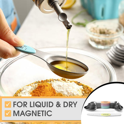 Stainless Steel Magnetic Measuring Spoons Set of 8, Black | Dual Sided Metal Teaspoon & Tablespoon Measuring Spoons with Leveler for Dry & Liquid Ingredients, Nesting, Dishwasher Safe