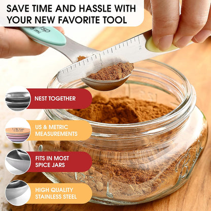Stainless Steel Magnetic Measuring Spoons Set of 8, Black | Dual Sided Metal Teaspoon & Tablespoon Measuring Spoons with Leveler for Dry & Liquid Ingredients, Nesting, Dishwasher Safe