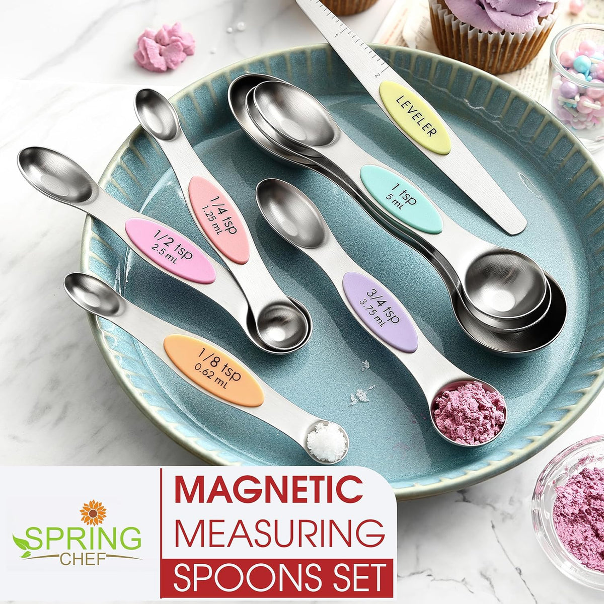 Stainless Steel Magnetic Measuring Spoons Set of 8, Black | Dual Sided Metal Teaspoon & Tablespoon Measuring Spoons with Leveler for Dry & Liquid Ingredients, Nesting, Dishwasher Safe