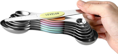 Stainless Steel Magnetic Measuring Spoons Set of 8, Black | Dual Sided Metal Teaspoon & Tablespoon Measuring Spoons with Leveler for Dry & Liquid Ingredients, Nesting, Dishwasher Safe