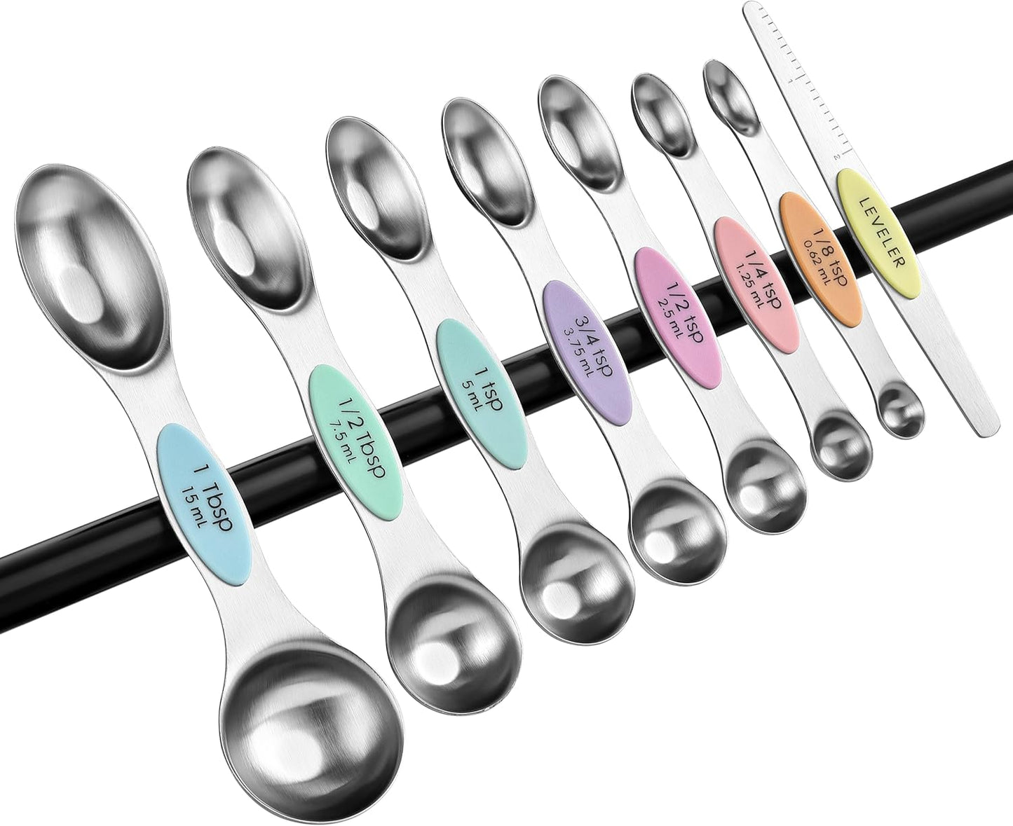 Stainless Steel Magnetic Measuring Spoons Set of 8, Black | Dual Sided Metal Teaspoon & Tablespoon Measuring Spoons with Leveler for Dry & Liquid Ingredients, Nesting, Dishwasher Safe