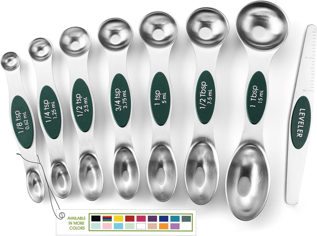 Stainless Steel Magnetic Measuring Spoons Set of 8, Black | Dual Sided Metal Teaspoon & Tablespoon Measuring Spoons with Leveler for Dry & Liquid Ingredients, Nesting, Dishwasher Safe