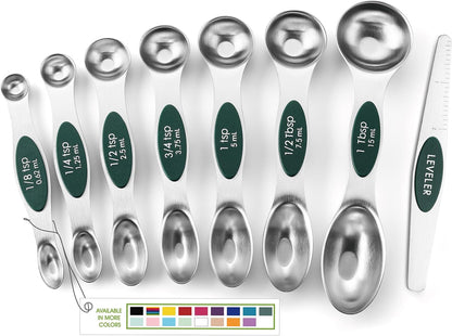 Stainless Steel Magnetic Measuring Spoons Set of 8, Black | Dual Sided Metal Teaspoon & Tablespoon Measuring Spoons with Leveler for Dry & Liquid Ingredients, Nesting, Dishwasher Safe