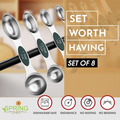 Stainless Steel Magnetic Measuring Spoons Set of 8, Black | Dual Sided Metal Teaspoon & Tablespoon Measuring Spoons with Leveler for Dry & Liquid Ingredients, Nesting, Dishwasher Safe