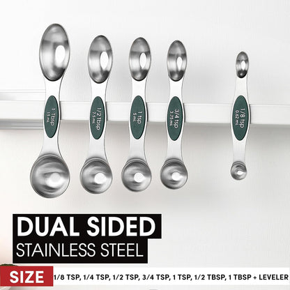 Stainless Steel Magnetic Measuring Spoons Set of 8, Black | Dual Sided Metal Teaspoon & Tablespoon Measuring Spoons with Leveler for Dry & Liquid Ingredients, Nesting, Dishwasher Safe