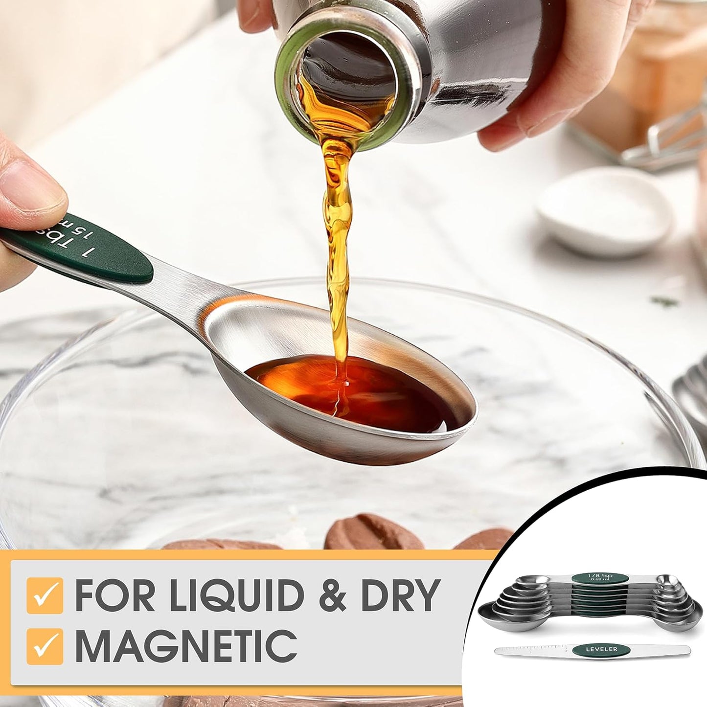 Stainless Steel Magnetic Measuring Spoons Set of 8, Black | Dual Sided Metal Teaspoon & Tablespoon Measuring Spoons with Leveler for Dry & Liquid Ingredients, Nesting, Dishwasher Safe