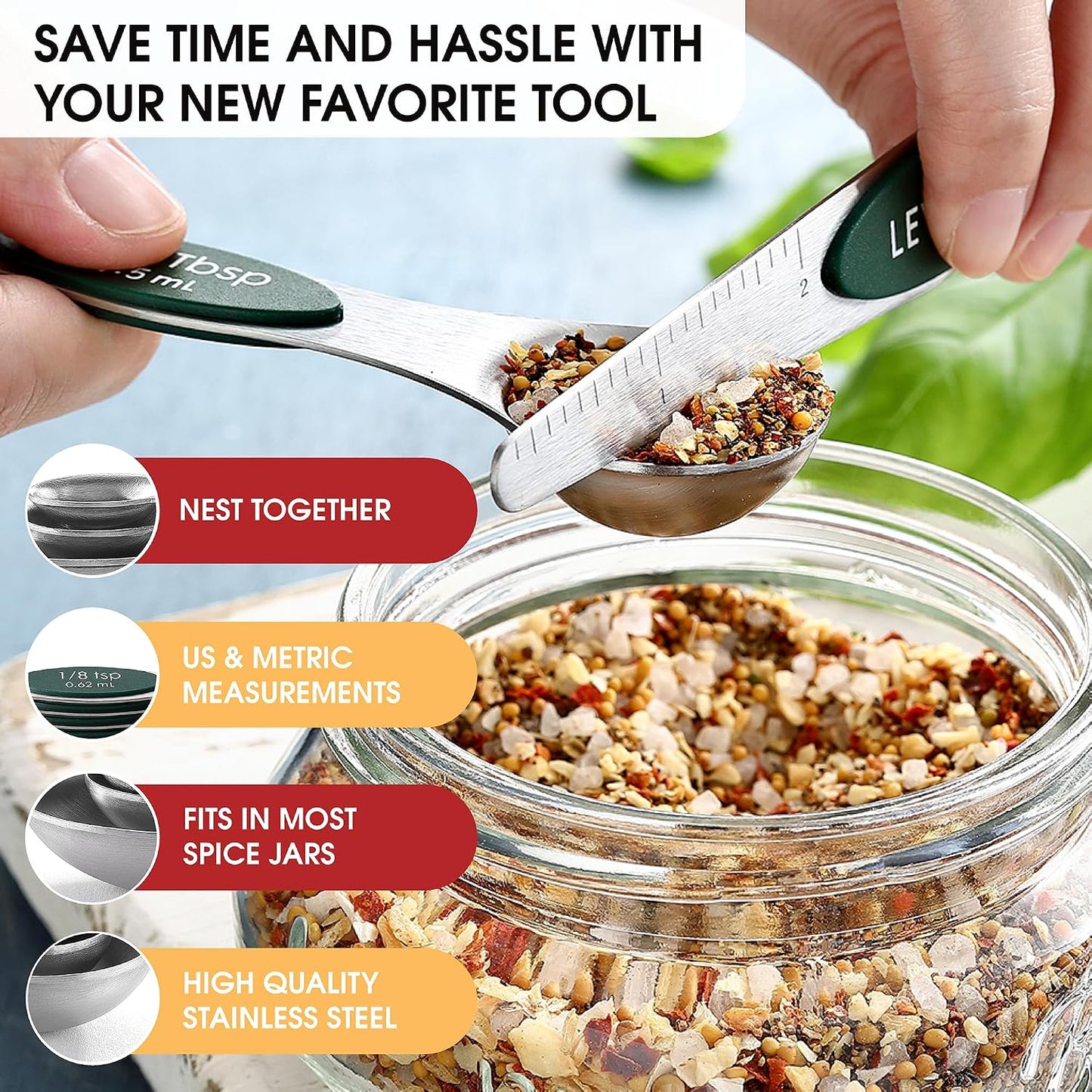 Stainless Steel Magnetic Measuring Spoons Set of 8, Black | Dual Sided Metal Teaspoon & Tablespoon Measuring Spoons with Leveler for Dry & Liquid Ingredients, Nesting, Dishwasher Safe