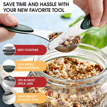 Stainless Steel Magnetic Measuring Spoons Set of 8, Black | Dual Sided Metal Teaspoon & Tablespoon Measuring Spoons with Leveler for Dry & Liquid Ingredients, Nesting, Dishwasher Safe