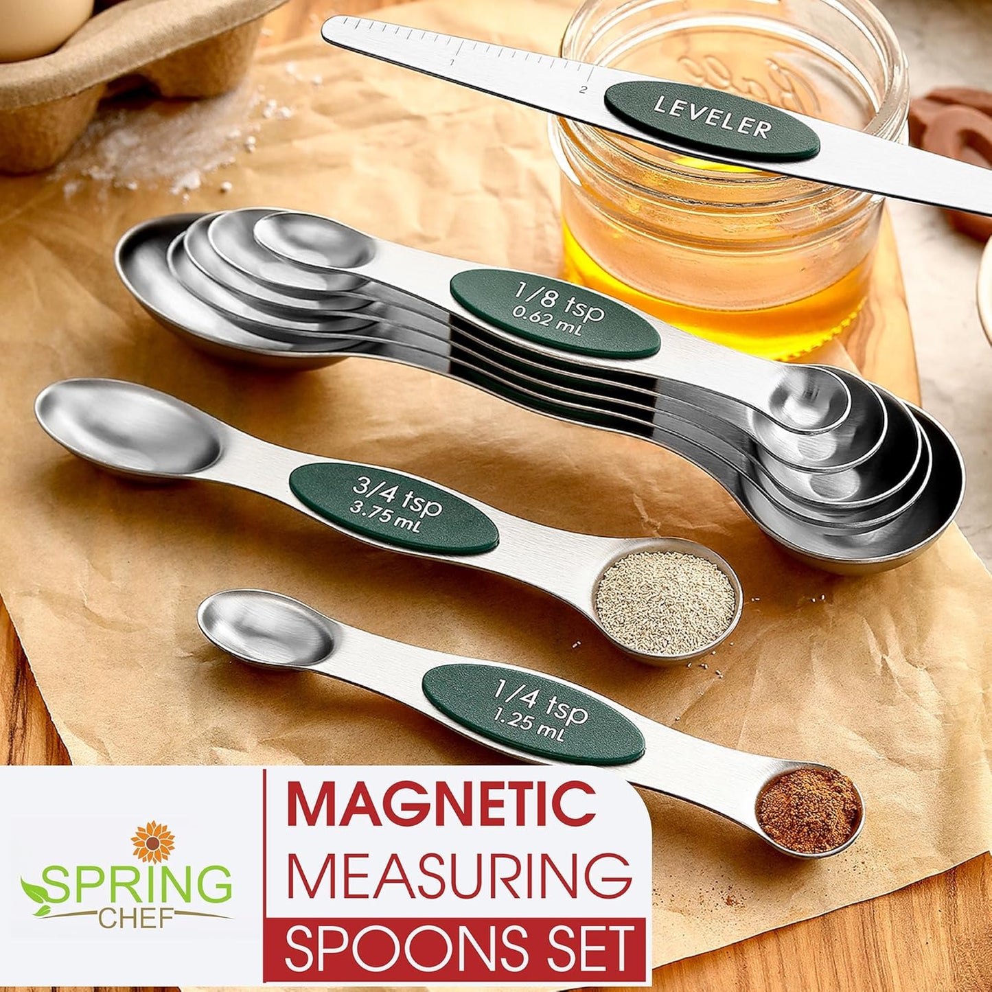 Stainless Steel Magnetic Measuring Spoons Set of 8, Black | Dual Sided Metal Teaspoon & Tablespoon Measuring Spoons with Leveler for Dry & Liquid Ingredients, Nesting, Dishwasher Safe