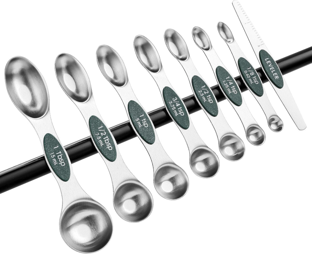 Stainless Steel Magnetic Measuring Spoons Set of 8, Black | Dual Sided Metal Teaspoon & Tablespoon Measuring Spoons with Leveler for Dry & Liquid Ingredients, Nesting, Dishwasher Safe