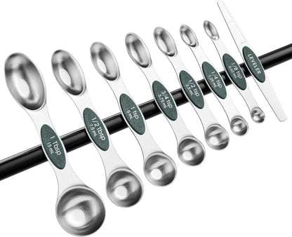 Stainless Steel Magnetic Measuring Spoons Set of 8, Black | Dual Sided Metal Teaspoon & Tablespoon Measuring Spoons with Leveler for Dry & Liquid Ingredients, Nesting, Dishwasher Safe