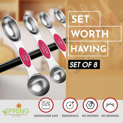 Stainless Steel Magnetic Measuring Spoons Set of 8, Black | Dual Sided Metal Teaspoon & Tablespoon Measuring Spoons with Leveler for Dry & Liquid Ingredients, Nesting, Dishwasher Safe