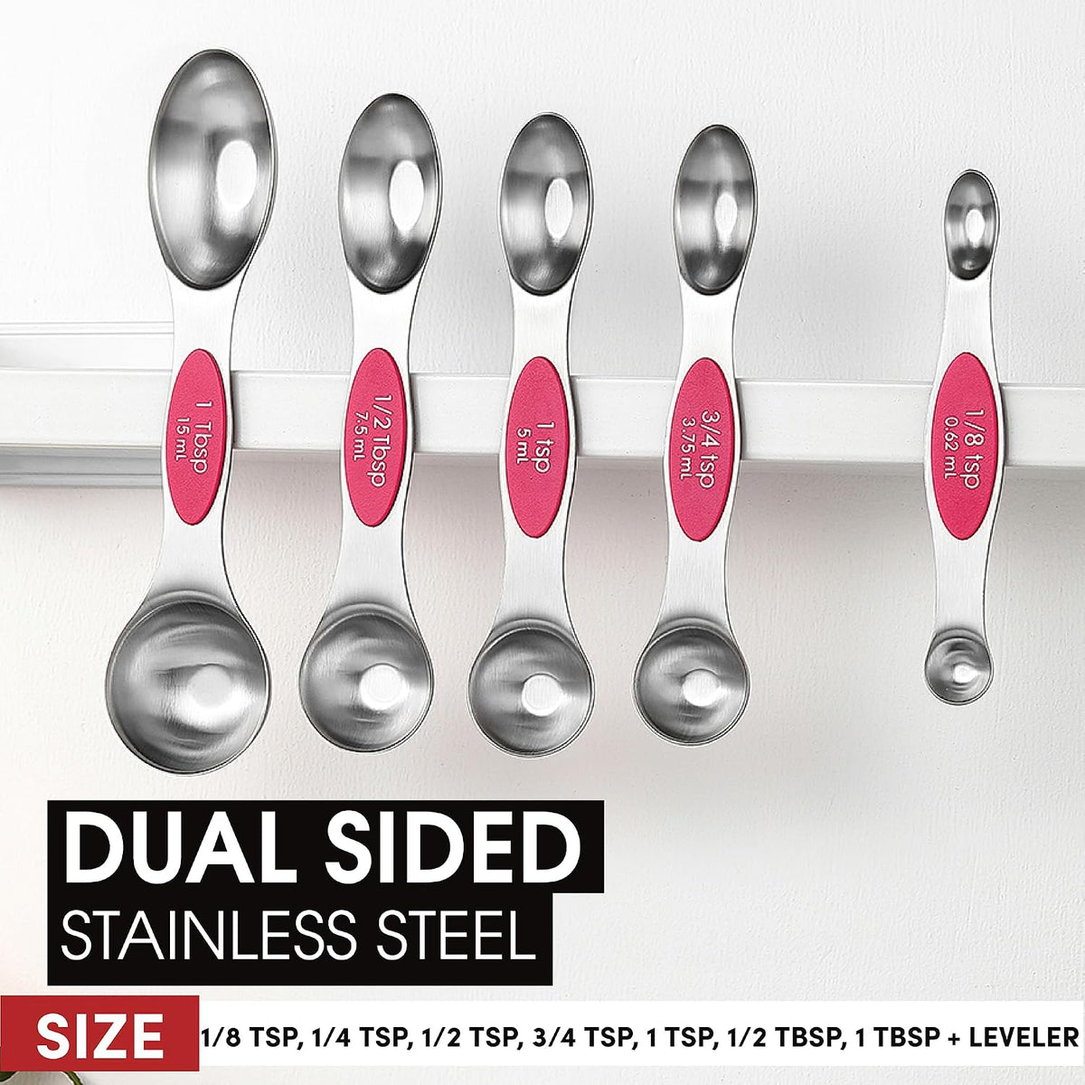 Stainless Steel Magnetic Measuring Spoons Set of 8, Black | Dual Sided Metal Teaspoon & Tablespoon Measuring Spoons with Leveler for Dry & Liquid Ingredients, Nesting, Dishwasher Safe