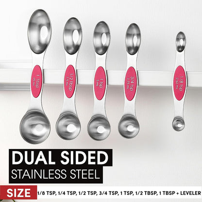 Stainless Steel Magnetic Measuring Spoons Set of 8, Black | Dual Sided Metal Teaspoon & Tablespoon Measuring Spoons with Leveler for Dry & Liquid Ingredients, Nesting, Dishwasher Safe