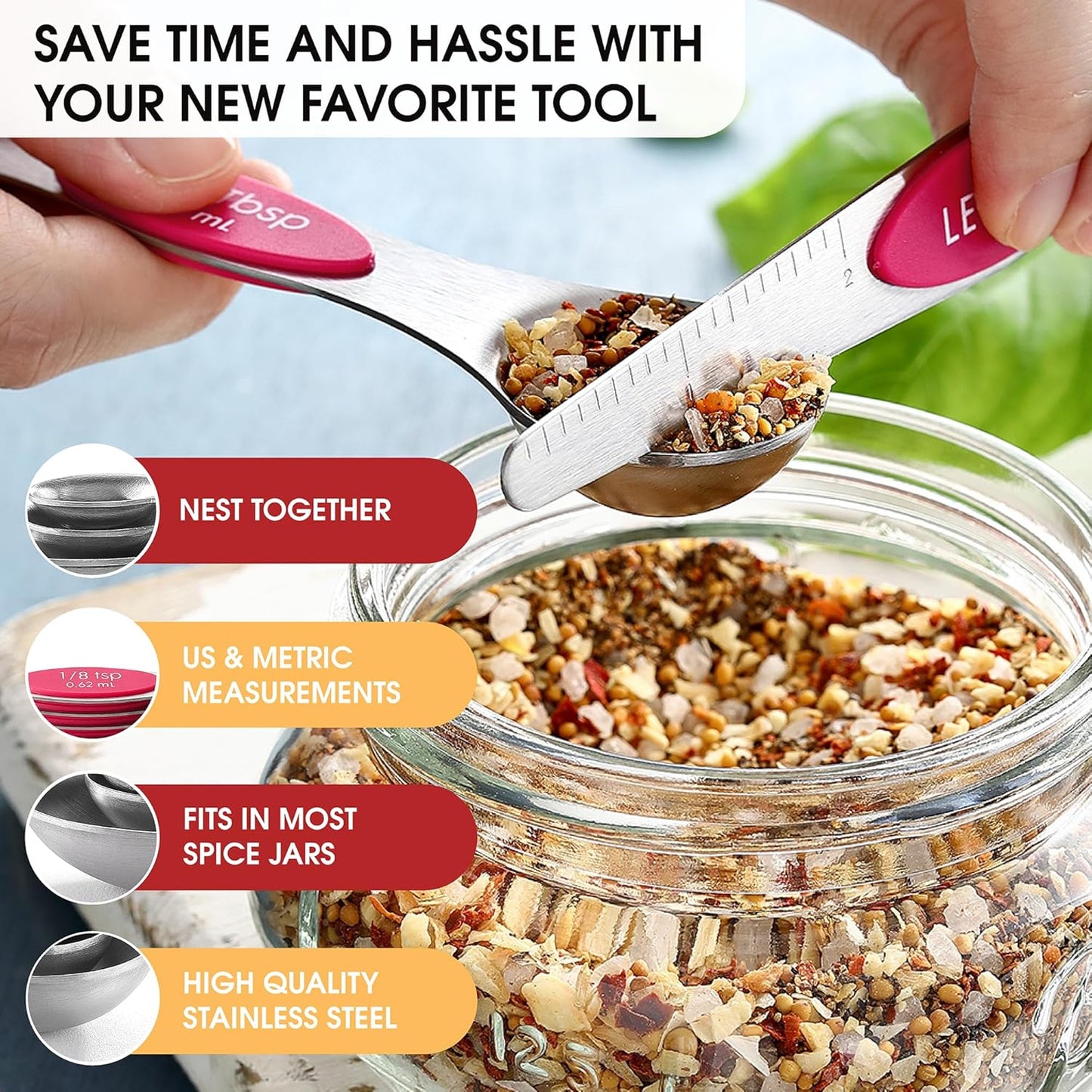 Stainless Steel Magnetic Measuring Spoons Set of 8, Black | Dual Sided Metal Teaspoon & Tablespoon Measuring Spoons with Leveler for Dry & Liquid Ingredients, Nesting, Dishwasher Safe