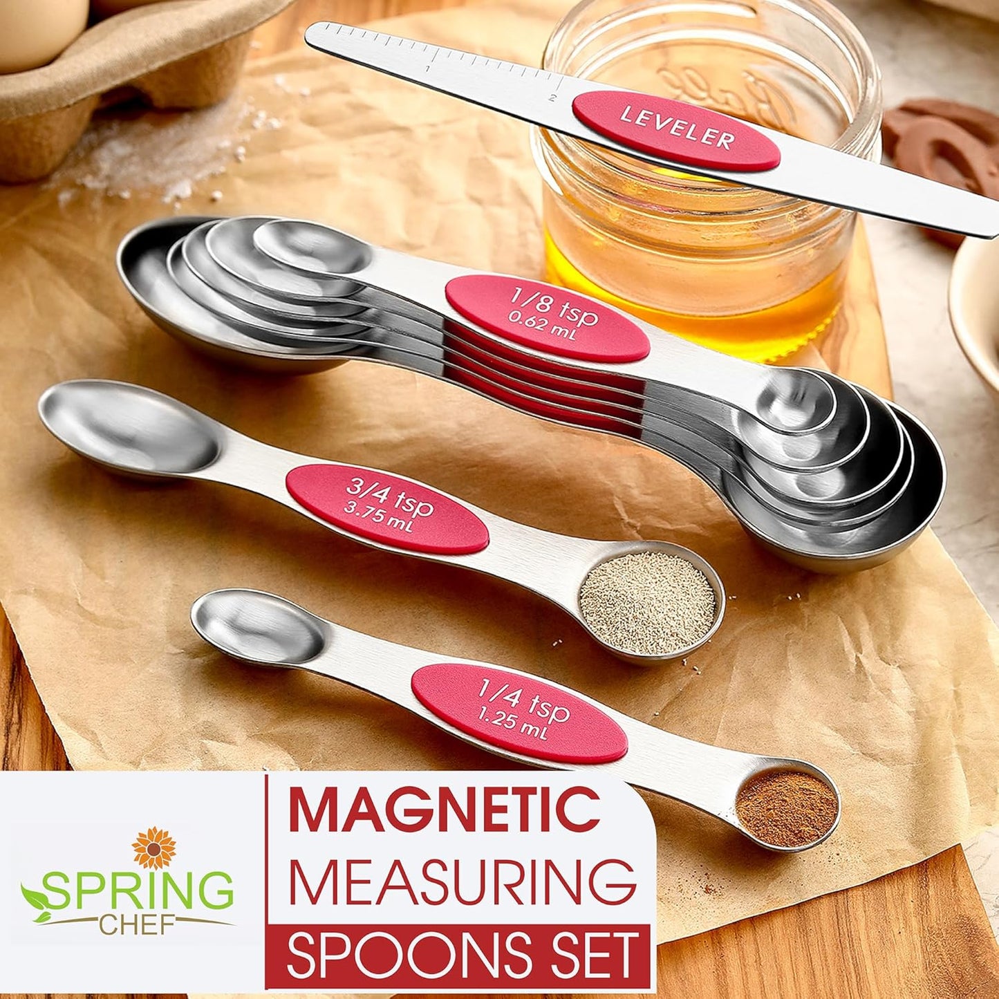 Stainless Steel Magnetic Measuring Spoons Set of 8, Black | Dual Sided Metal Teaspoon & Tablespoon Measuring Spoons with Leveler for Dry & Liquid Ingredients, Nesting, Dishwasher Safe