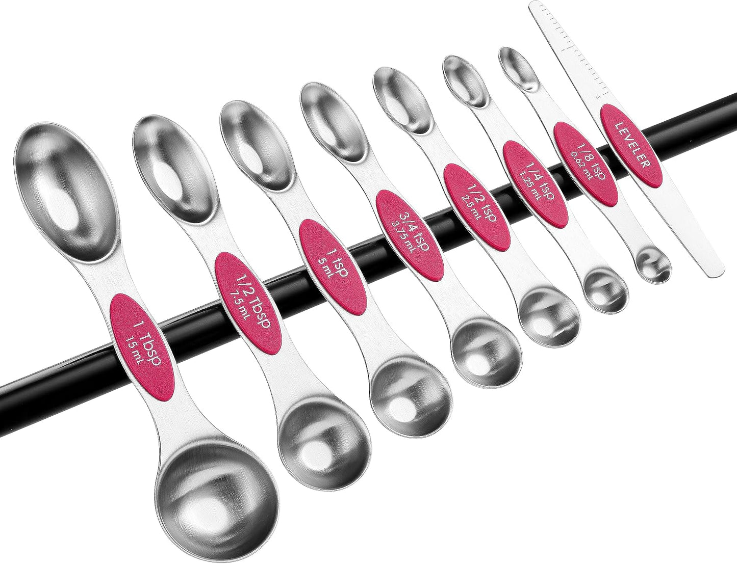 Stainless Steel Magnetic Measuring Spoons Set of 8, Black | Dual Sided Metal Teaspoon & Tablespoon Measuring Spoons with Leveler for Dry & Liquid Ingredients, Nesting, Dishwasher Safe